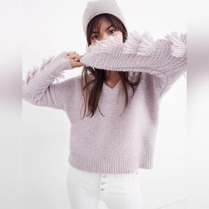 Madewell Purple Knit Marled Fringe Cropped V-neck Chunky Sweater